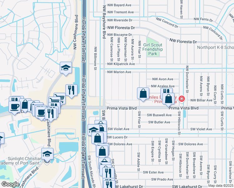 map of restaurants, bars, coffee shops, grocery stores, and more near 118 Northwest Peach Street in Port St. Lucie