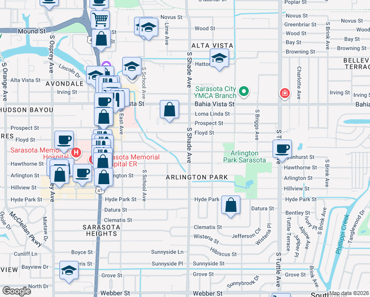 map of restaurants, bars, coffee shops, grocery stores, and more near 2365 Waldemere Street in Sarasota