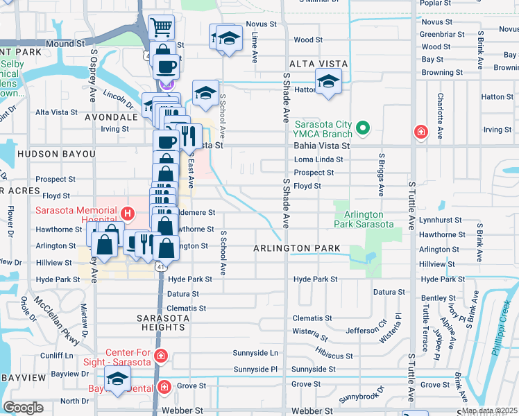 map of restaurants, bars, coffee shops, grocery stores, and more near 2274 Temple Street in Sarasota