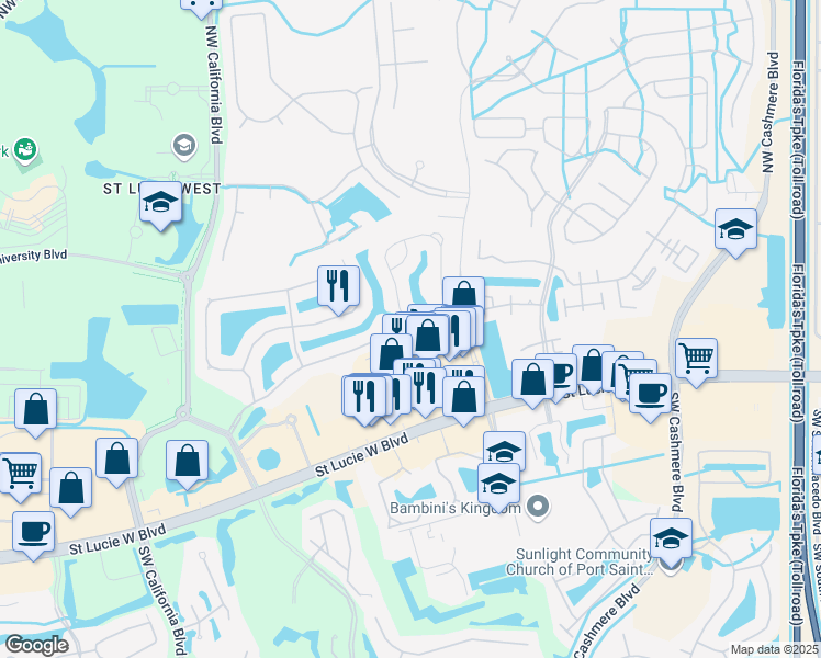 map of restaurants, bars, coffee shops, grocery stores, and more near 1208 Northwest Sun Terrace Circle in Port St. Lucie