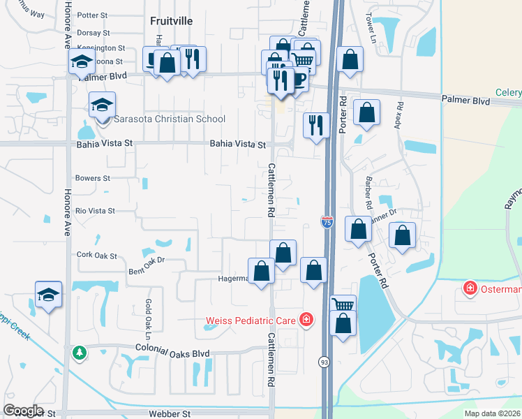 map of restaurants, bars, coffee shops, grocery stores, and more near 1572 Cattlemen Road in Sarasota