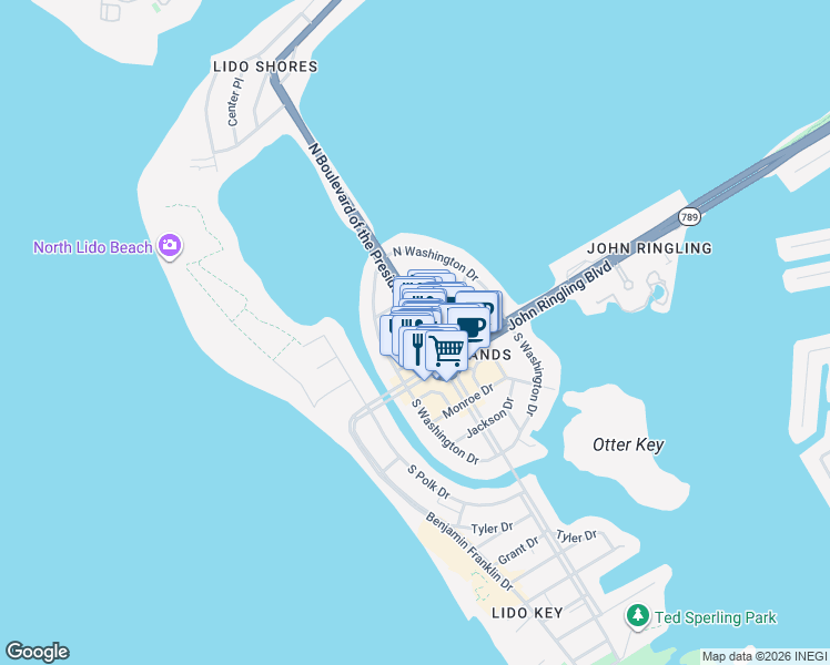 map of restaurants, bars, coffee shops, grocery stores, and more near 29 North Boulevard of the Presidents in Sarasota
