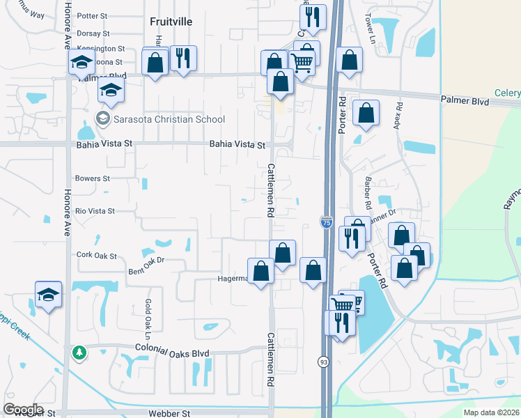 map of restaurants, bars, coffee shops, grocery stores, and more near 1566-1572 Cattlemen Road in Sarasota