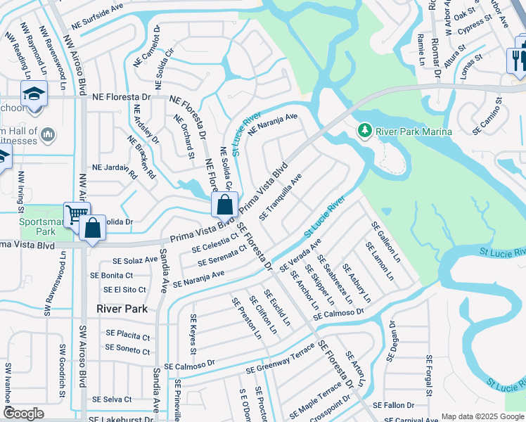 map of restaurants, bars, coffee shops, grocery stores, and more near 359 Southeast Tranquilla Avenue in Port St. Lucie
