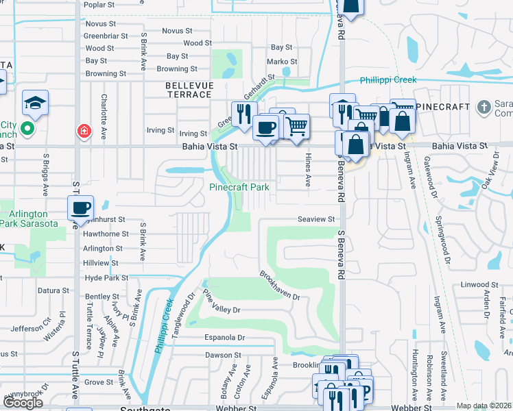 map of restaurants, bars, coffee shops, grocery stores, and more near 1541 Kruppa Avenue in Sarasota