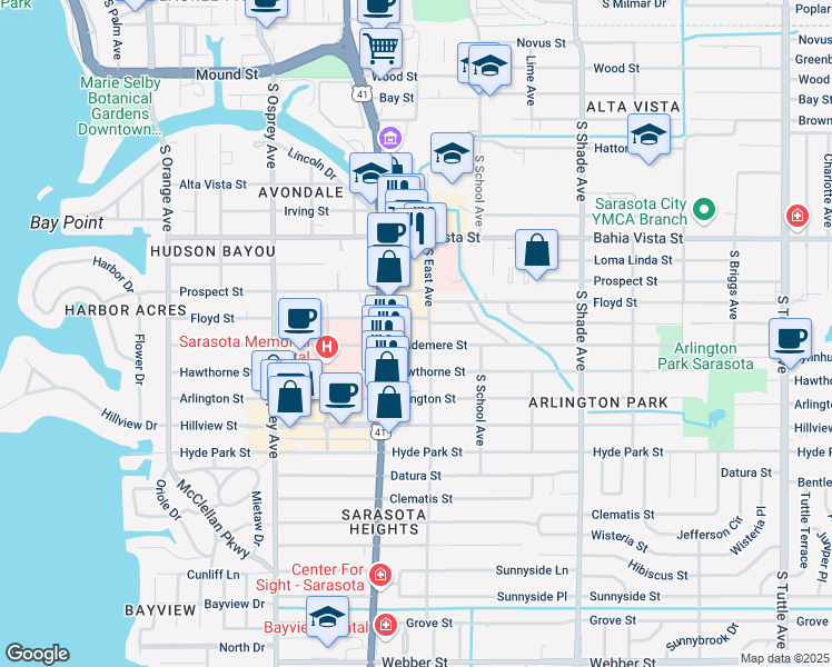 map of restaurants, bars, coffee shops, grocery stores, and more near 1524 South East Avenue in Sarasota