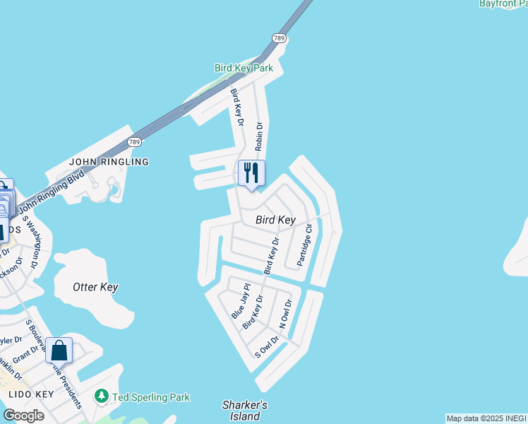 map of restaurants, bars, coffee shops, grocery stores, and more near 422 East Royal Flamingo Drive in Sarasota