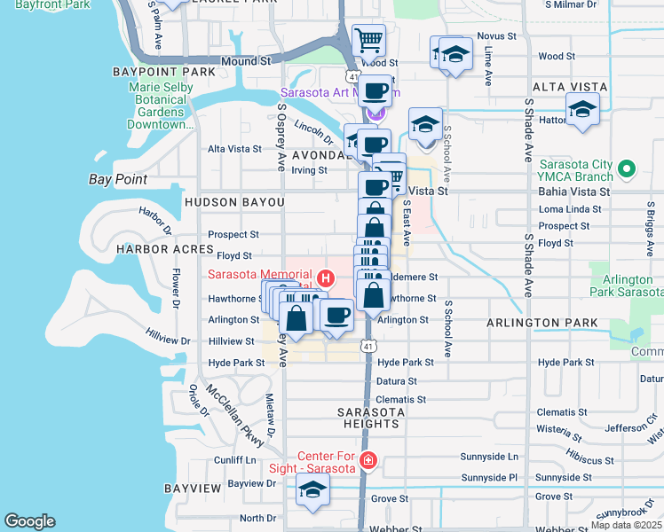 map of restaurants, bars, coffee shops, grocery stores, and more near 1921 Waldemere Street in Sarasota