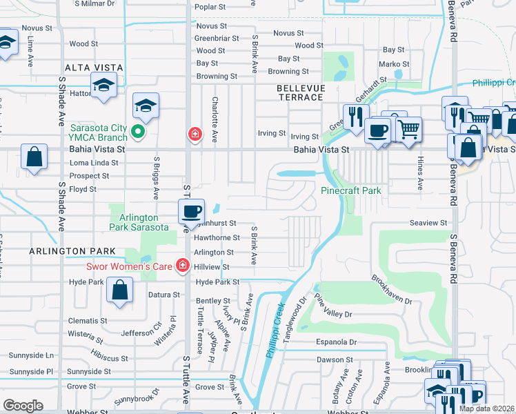 map of restaurants, bars, coffee shops, grocery stores, and more near 3004 Saralake Drive South in Sarasota