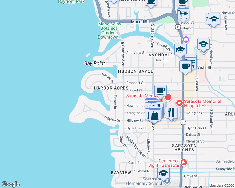 map of restaurants, bars, coffee shops, grocery stores, and more near 1523 Flower Drive in Sarasota