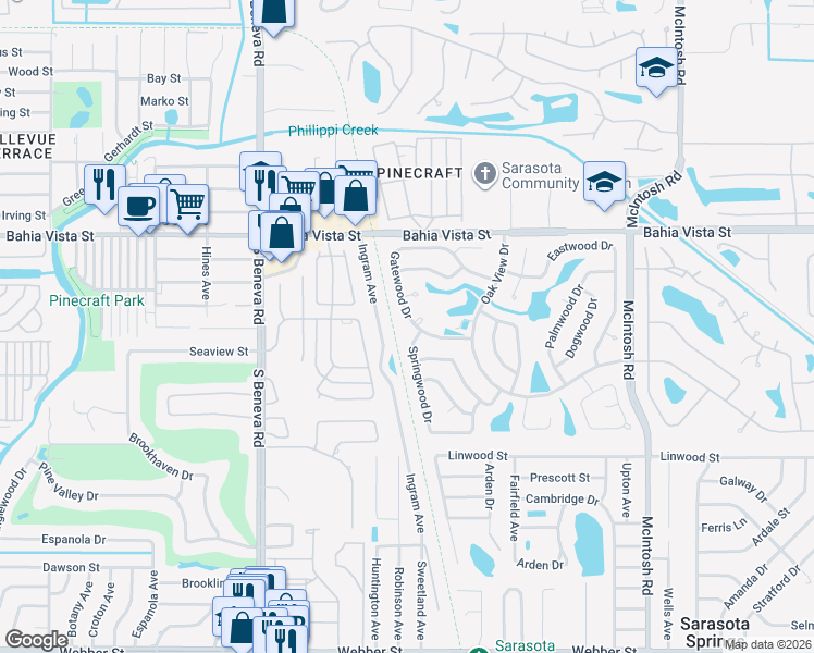 map of restaurants, bars, coffee shops, grocery stores, and more near 3800 Gatewood Drive in Sarasota