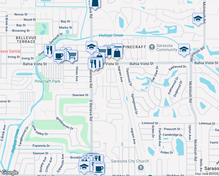 map of restaurants, bars, coffee shops, grocery stores, and more near 1506 Grand Boulevard in Sarasota