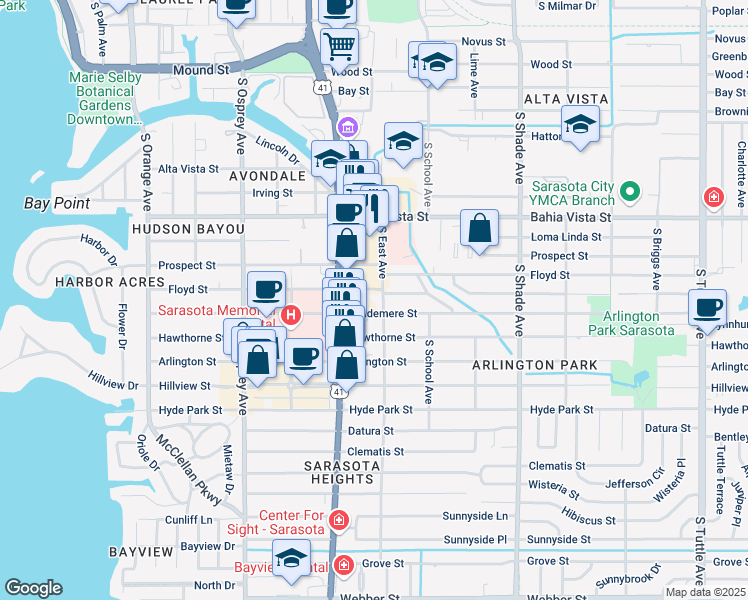 map of restaurants, bars, coffee shops, grocery stores, and more near 1524 South East Avenue in Sarasota