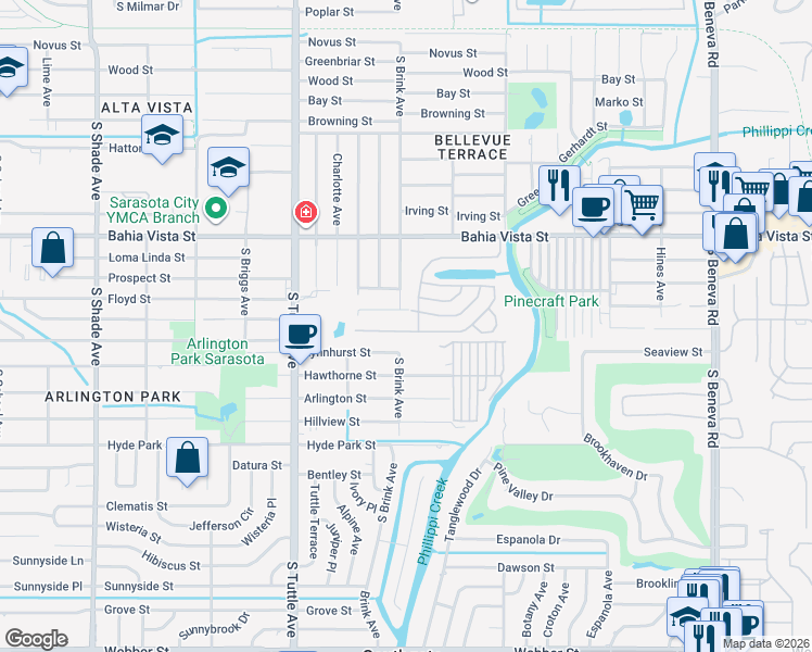 map of restaurants, bars, coffee shops, grocery stores, and more near 3004 Saralake Drive South in Sarasota