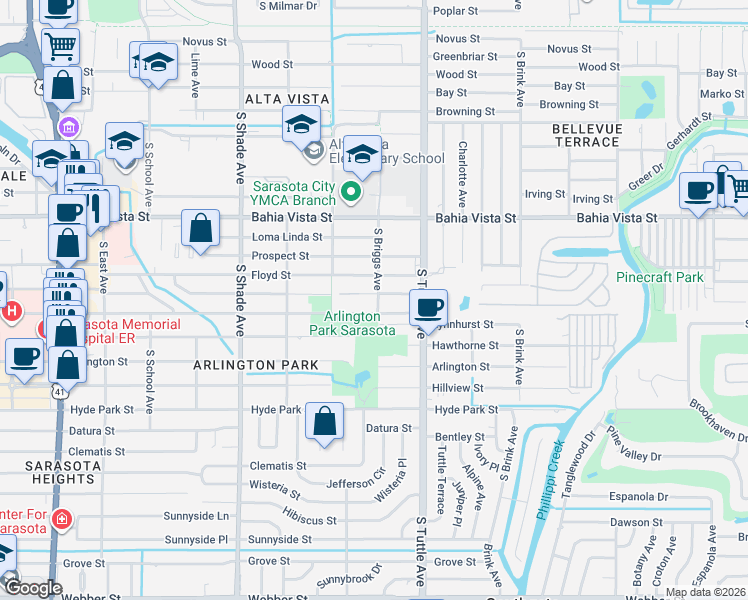 map of restaurants, bars, coffee shops, grocery stores, and more near 2675 Waldemere St in Sarasota