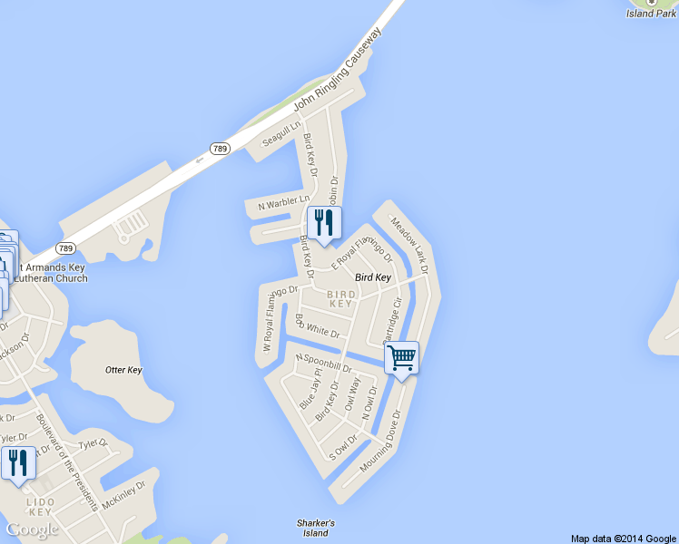 map of restaurants, bars, coffee shops, grocery stores, and more near 422 East Royal Flamingo Drive in Sarasota