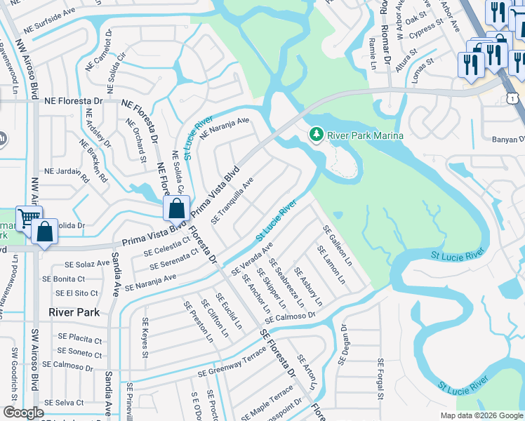 map of restaurants, bars, coffee shops, grocery stores, and more near 199 Southeast Caprona Avenue in Port Saint Lucie