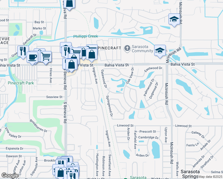 map of restaurants, bars, coffee shops, grocery stores, and more near 3800 Gatewood Drive in Sarasota