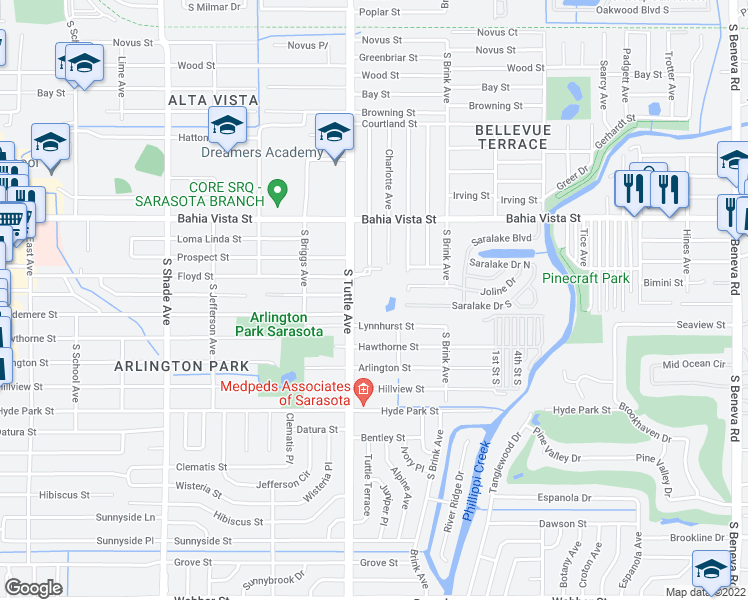 map of restaurants, bars, coffee shops, grocery stores, and more near 1507 South Tuttle Avenue in Sarasota