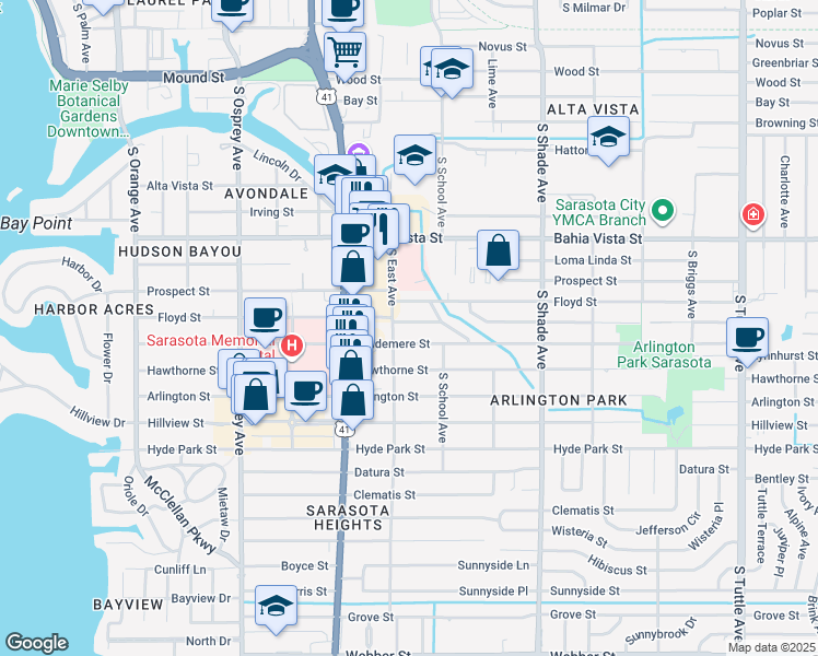 map of restaurants, bars, coffee shops, grocery stores, and more near 2122 Temple Street in Sarasota