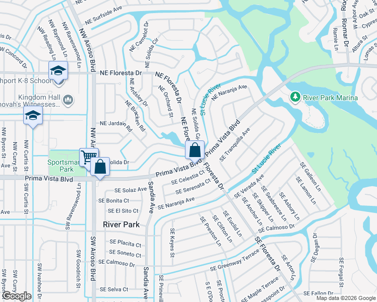 map of restaurants, bars, coffee shops, grocery stores, and more near 380 Northeast Solida Drive in Port St. Lucie