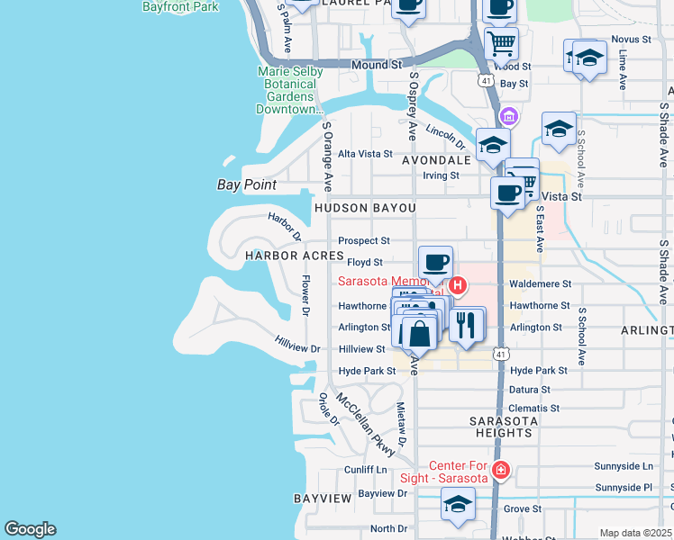 map of restaurants, bars, coffee shops, grocery stores, and more near 1539 South Orange Avenue in Sarasota