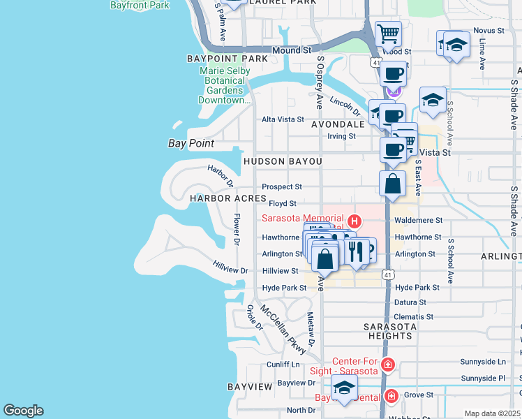 map of restaurants, bars, coffee shops, grocery stores, and more near 1509 South Orange Avenue in Sarasota