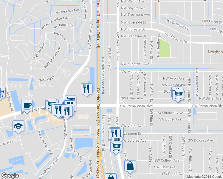 map of restaurants, bars, coffee shops, grocery stores, and more near 213 Northwest Biltmore Street in Port Saint Lucie