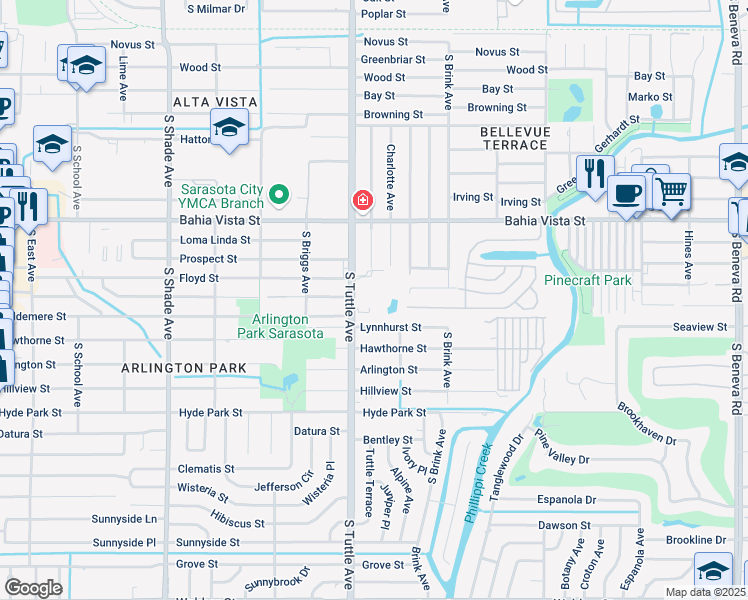 map of restaurants, bars, coffee shops, grocery stores, and more near 1507 South Tuttle Avenue in Sarasota