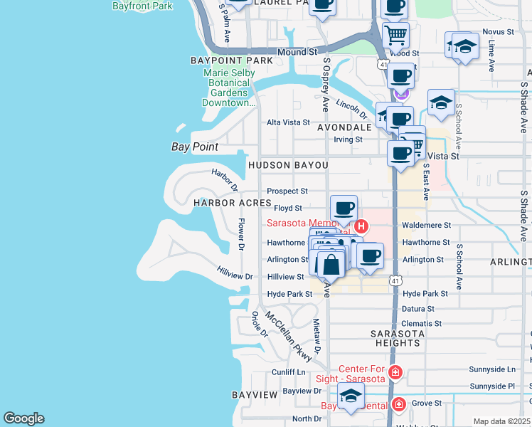 map of restaurants, bars, coffee shops, grocery stores, and more near 1539 South Orange Avenue in Sarasota