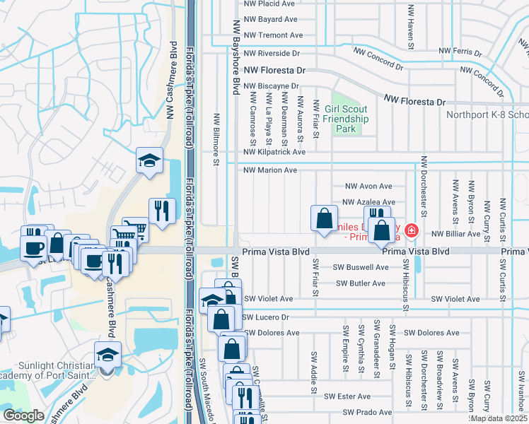 map of restaurants, bars, coffee shops, grocery stores, and more near 118 Northwest Peach Street in Port St. Lucie