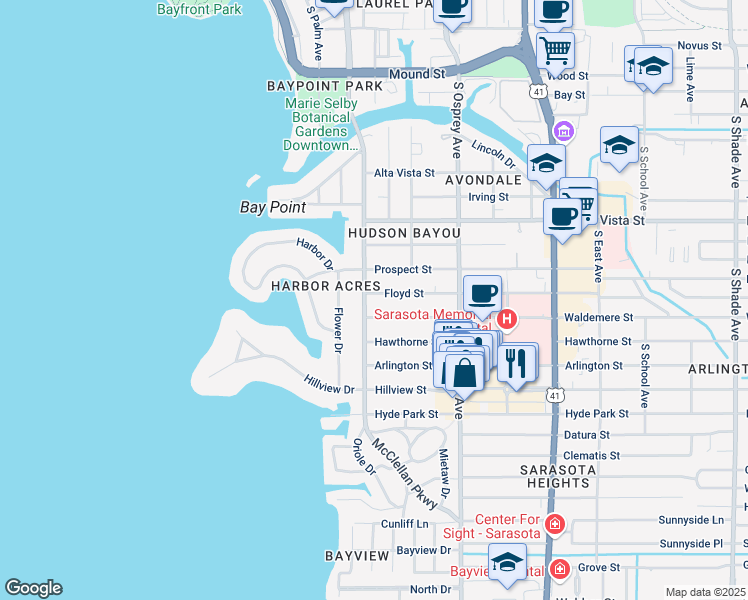 map of restaurants, bars, coffee shops, grocery stores, and more near 1509 South Orange Avenue in Sarasota