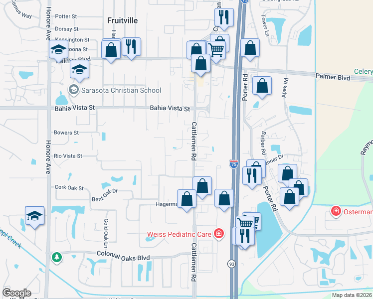 map of restaurants, bars, coffee shops, grocery stores, and more near 1572 Cattlemen Road in Sarasota