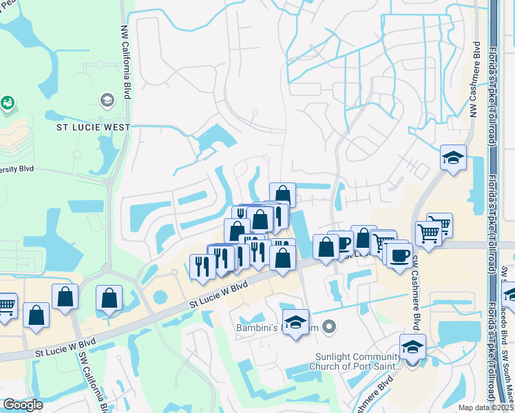 map of restaurants, bars, coffee shops, grocery stores, and more near 1208 Northwest Sun Terrace Circle in Port St. Lucie