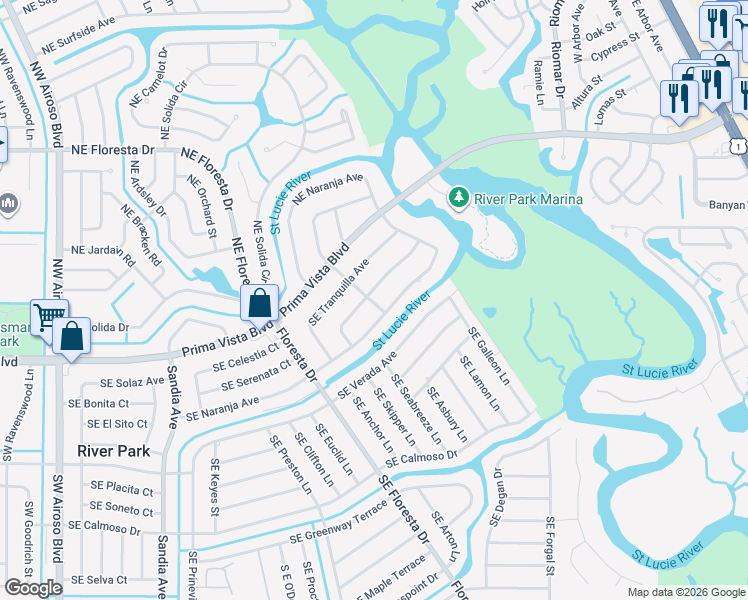 map of restaurants, bars, coffee shops, grocery stores, and more near 406 Southeast Gasparilla Avenue in Port Saint Lucie