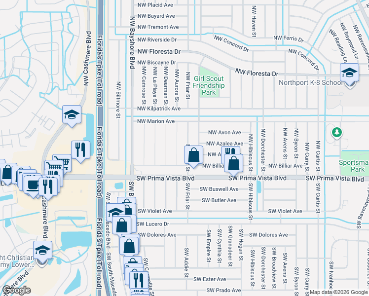 map of restaurants, bars, coffee shops, grocery stores, and more near 120 Northwest Friar Street in Port St. Lucie