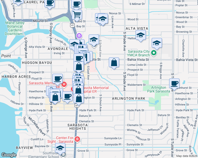 map of restaurants, bars, coffee shops, grocery stores, and more near 2187 Waldemere Street in Sarasota