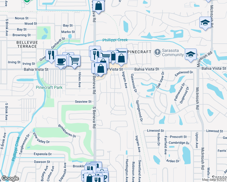 map of restaurants, bars, coffee shops, grocery stores, and more near 1418 Grand Boulevard in Sarasota