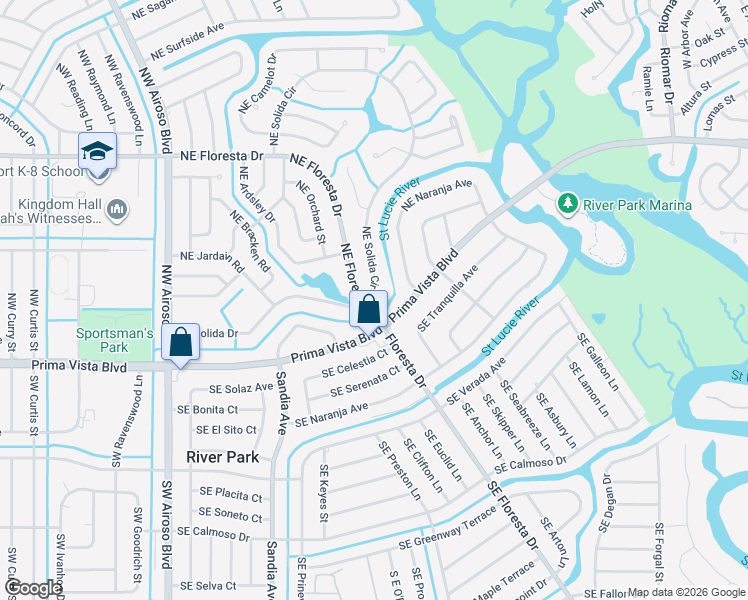 map of restaurants, bars, coffee shops, grocery stores, and more near 380 Northeast Solida Drive in Port St. Lucie