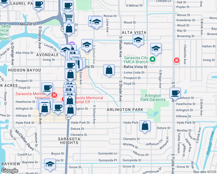 map of restaurants, bars, coffee shops, grocery stores, and more near 2274 Temple Street in Sarasota