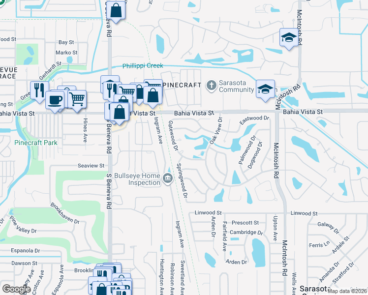 map of restaurants, bars, coffee shops, grocery stores, and more near 3800 Gatewood Drive in Sarasota