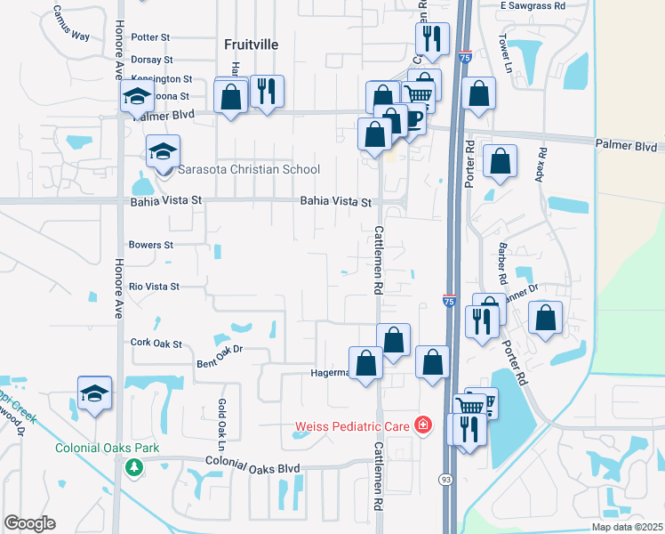 map of restaurants, bars, coffee shops, grocery stores, and more near 1651 Mellon Way in Sarasota