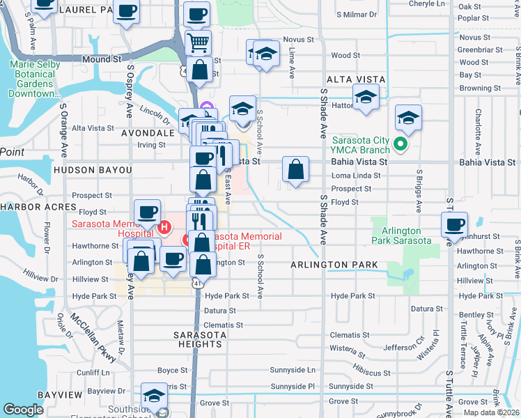 map of restaurants, bars, coffee shops, grocery stores, and more near 1421 South School Avenue in Sarasota