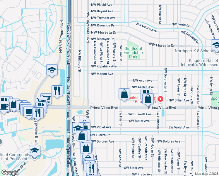map of restaurants, bars, coffee shops, grocery stores, and more near 151 Northwest Aileen Street in Port St. Lucie