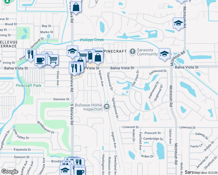 map of restaurants, bars, coffee shops, grocery stores, and more near 3833 Gatewood Drive in Sarasota