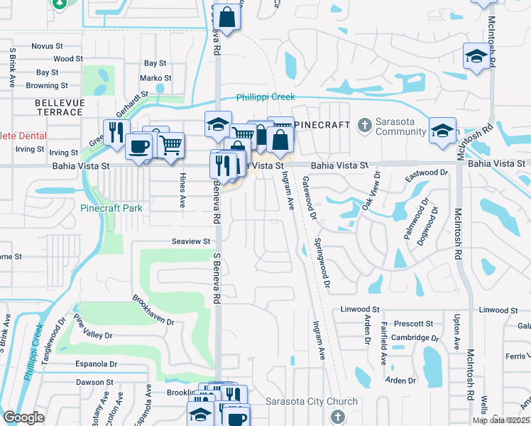 map of restaurants, bars, coffee shops, grocery stores, and more near 1344 Glendale Circle East in Sarasota