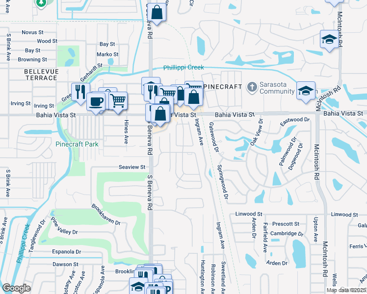 map of restaurants, bars, coffee shops, grocery stores, and more near 1415 Grand Boulevard in Sarasota