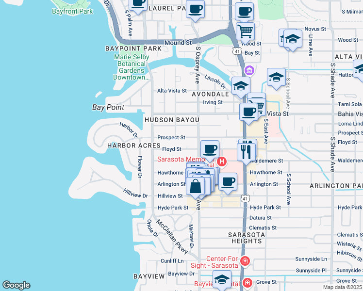 map of restaurants, bars, coffee shops, grocery stores, and more near 1684 Prospect Street in Sarasota