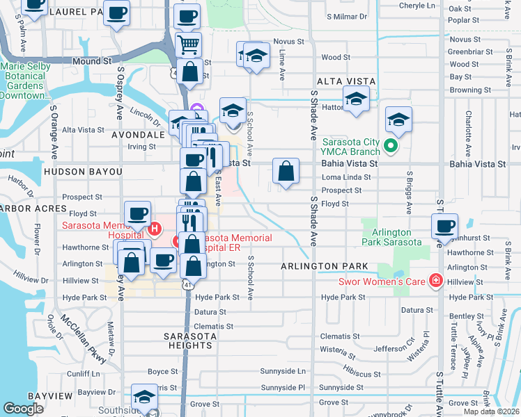 map of restaurants, bars, coffee shops, grocery stores, and more near 2205 Floyd Street in Sarasota