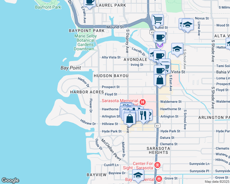 map of restaurants, bars, coffee shops, grocery stores, and more near 1684 Prospect Street in Sarasota